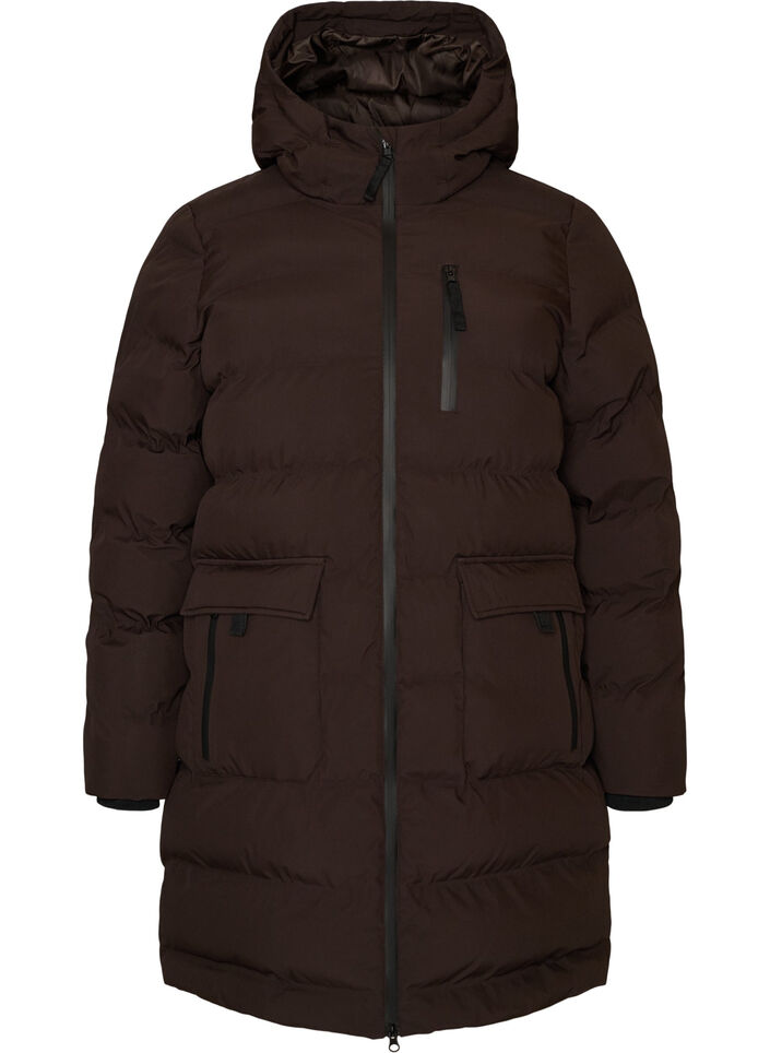 Puffer coat with hood and pockets, Brown, Packshot image number 0