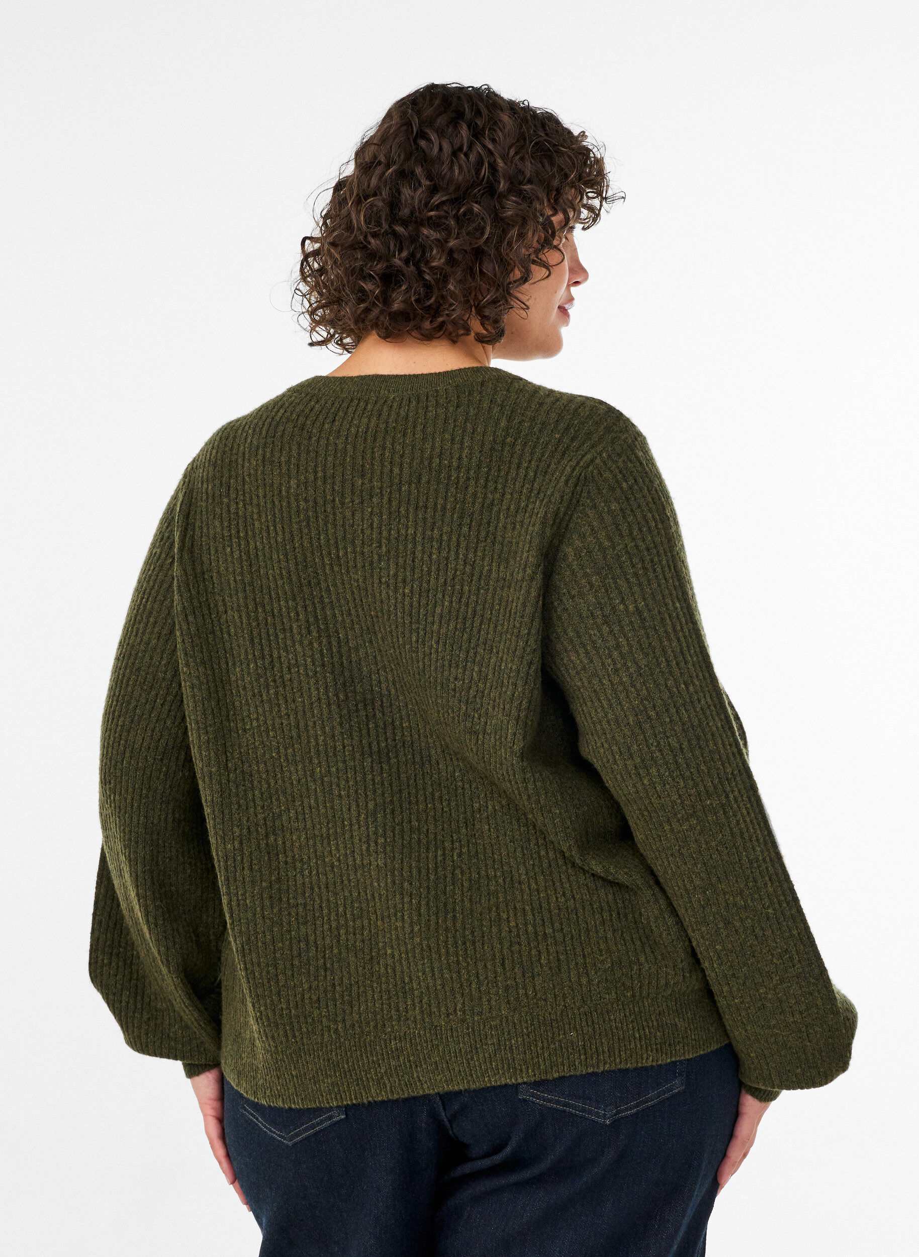 ZizzifashionRibbed jumper with balloon sleeves, Green, Model image number 2