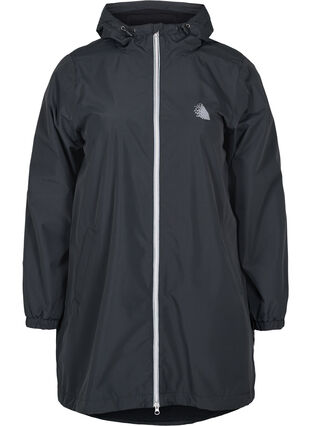 Hooded rain jacket with reflective piping, Black, Packshot image number 0