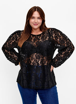 FLASH - Long sleeve lace blouse, Black, Model image number 0