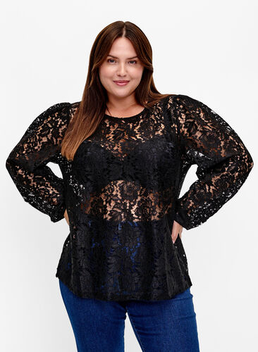 FLASH - Long sleeve lace blouse, Black, Model image number 0
