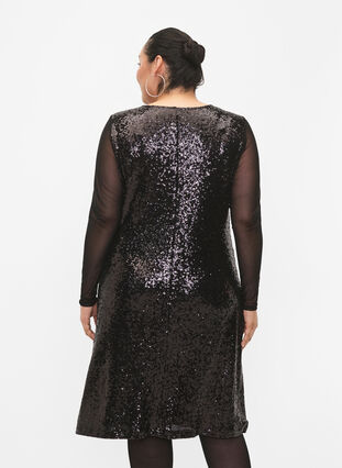 A-line sequin dress with long sleeves, Black, Model image number 1