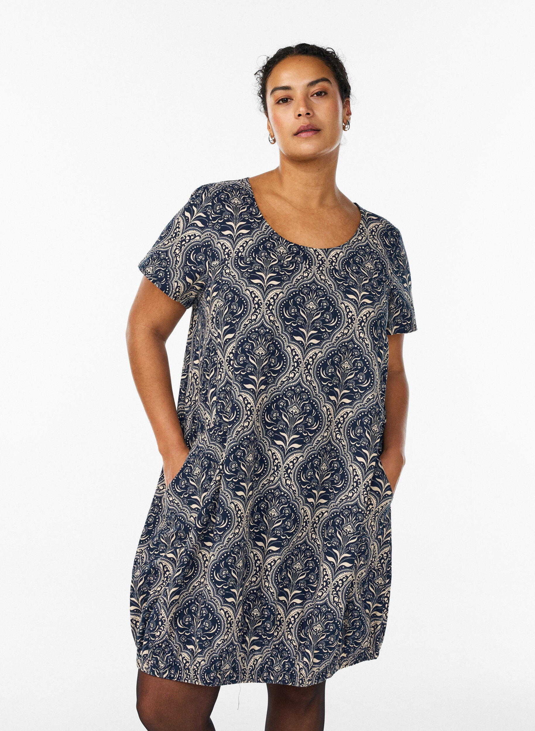 ZizzifashionShort-sleeved cotton dress with print, Blue, Model image number 0