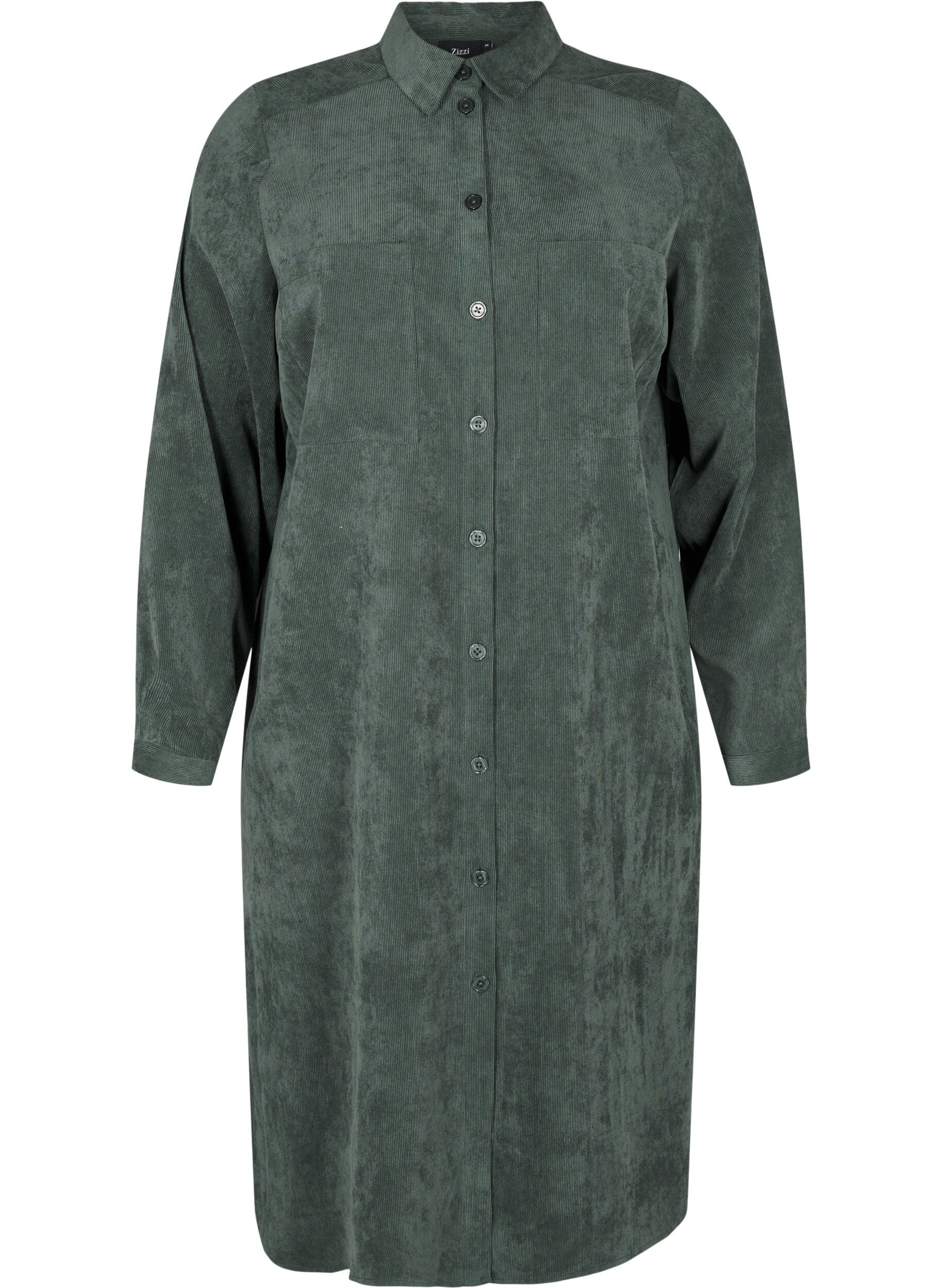 Zizzifashion Long corduroy shirt dress with buttons, Dark Forest, Packshot image number 0