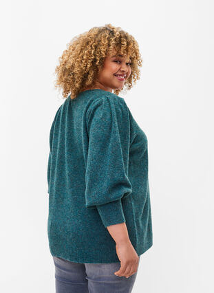 Melange knitted jumper with puff sleeves and v-neck, Ponderosa Pine Mel., Model image number 1