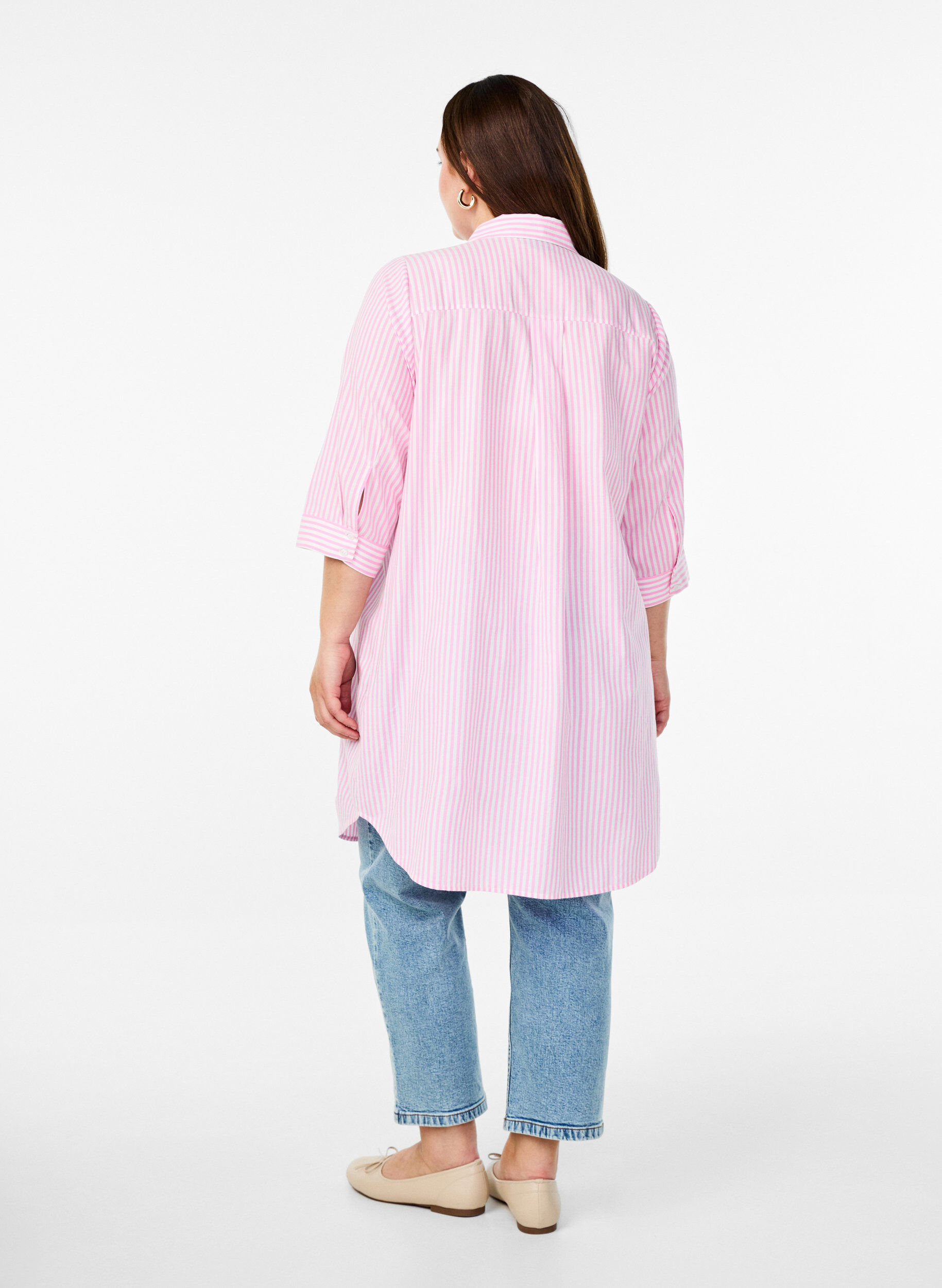 Zizzifashion Long striped shirt with 3/4 sleeves, Pink, Model image number 2