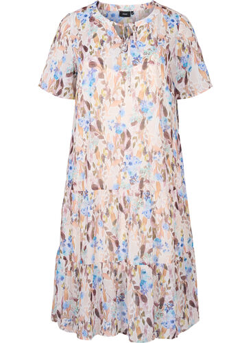 Short-sleeved floral midi dress, Humus Flower AOP, Packshot image number 0