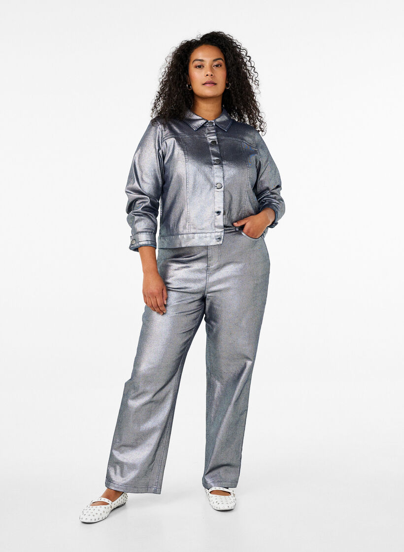 Silver-coated jeans with high waist, Gun Silver , Model image number 0
