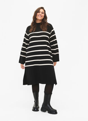 Striped knit dress with turtleneck, Black Comb, Model image number 2