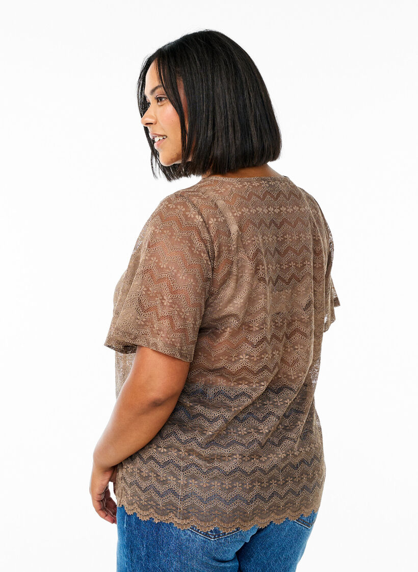 Lace blouse with short sleeves and scalloped hem, Brown, Model image number 2