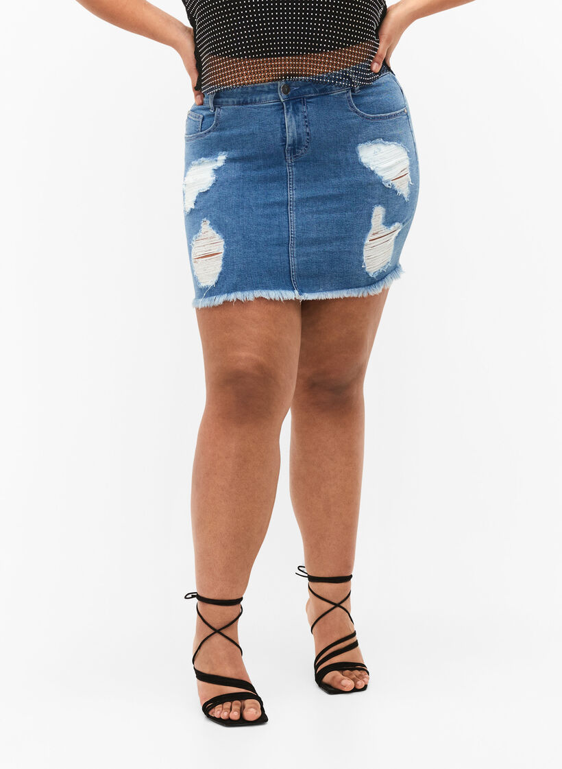 Tight ripped denim skirt, Blue denim, Model image number 2