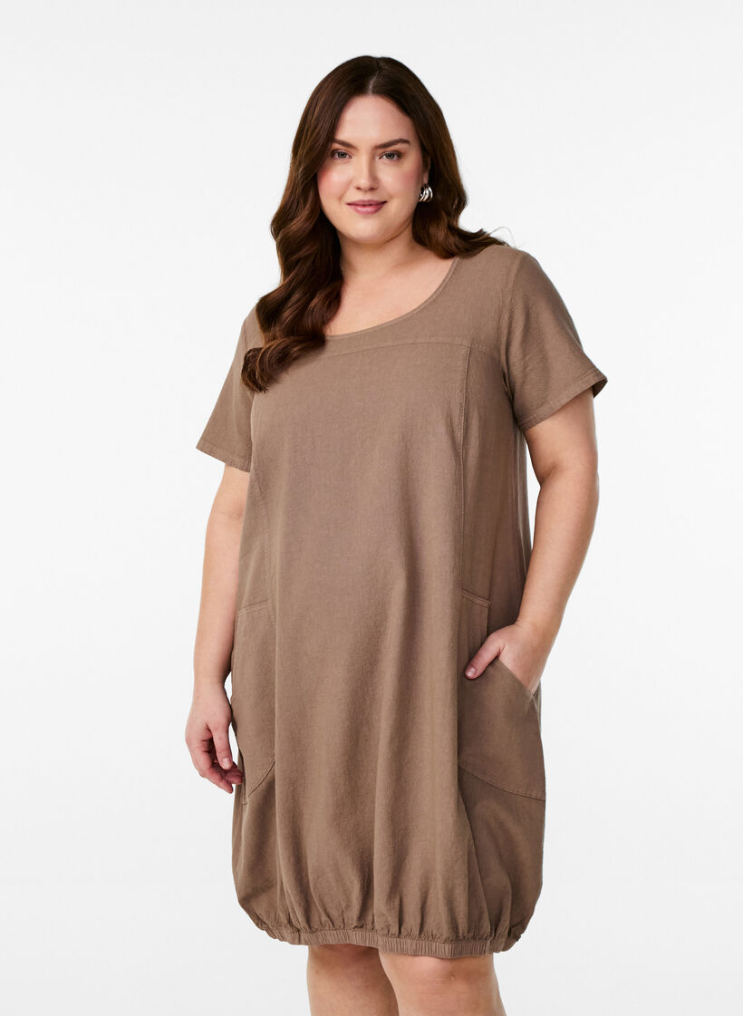 Short sleeve cotton dress, Brown, Model image number 0