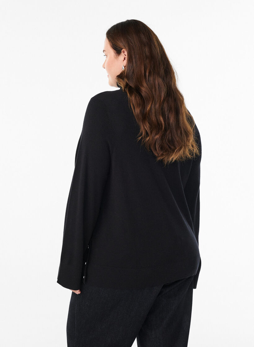 Knitted blouse with turtleneck and side buttons, Black, Model image number 2