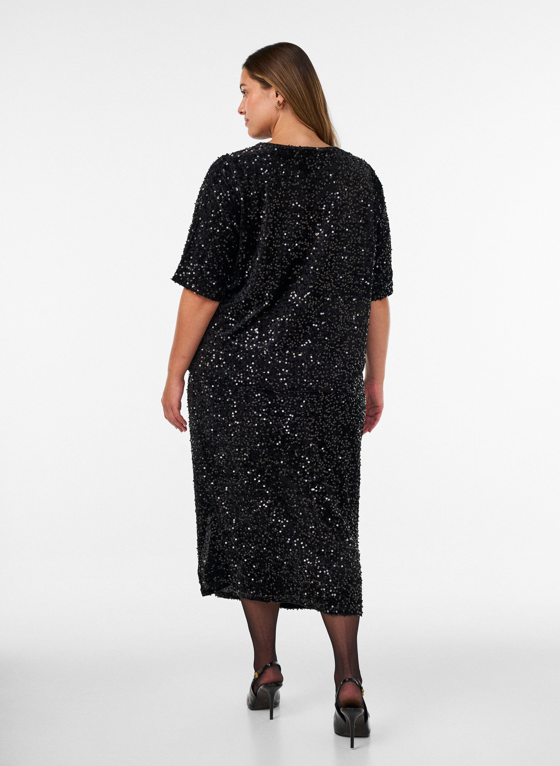 ZizzifashionMidi skirt with sequins and slits, Black, Model image number 1