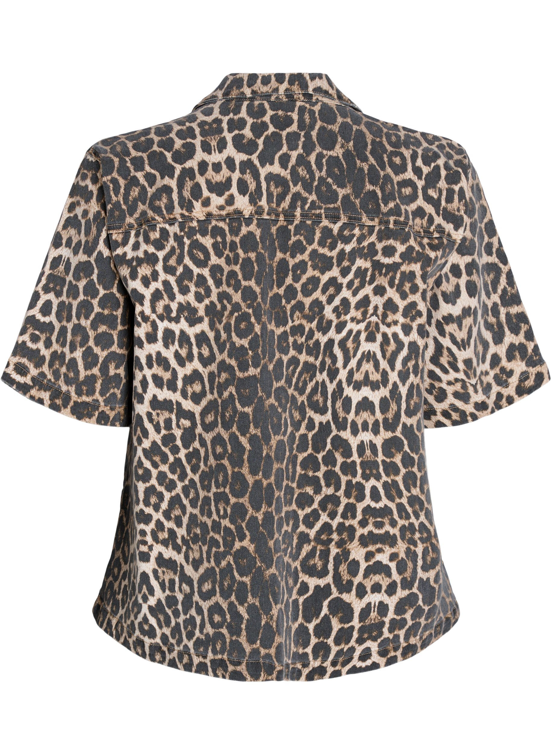 Zizzifashion Leopard print denim blouse with collar and half sleeves, Brown, Packshot image number 1