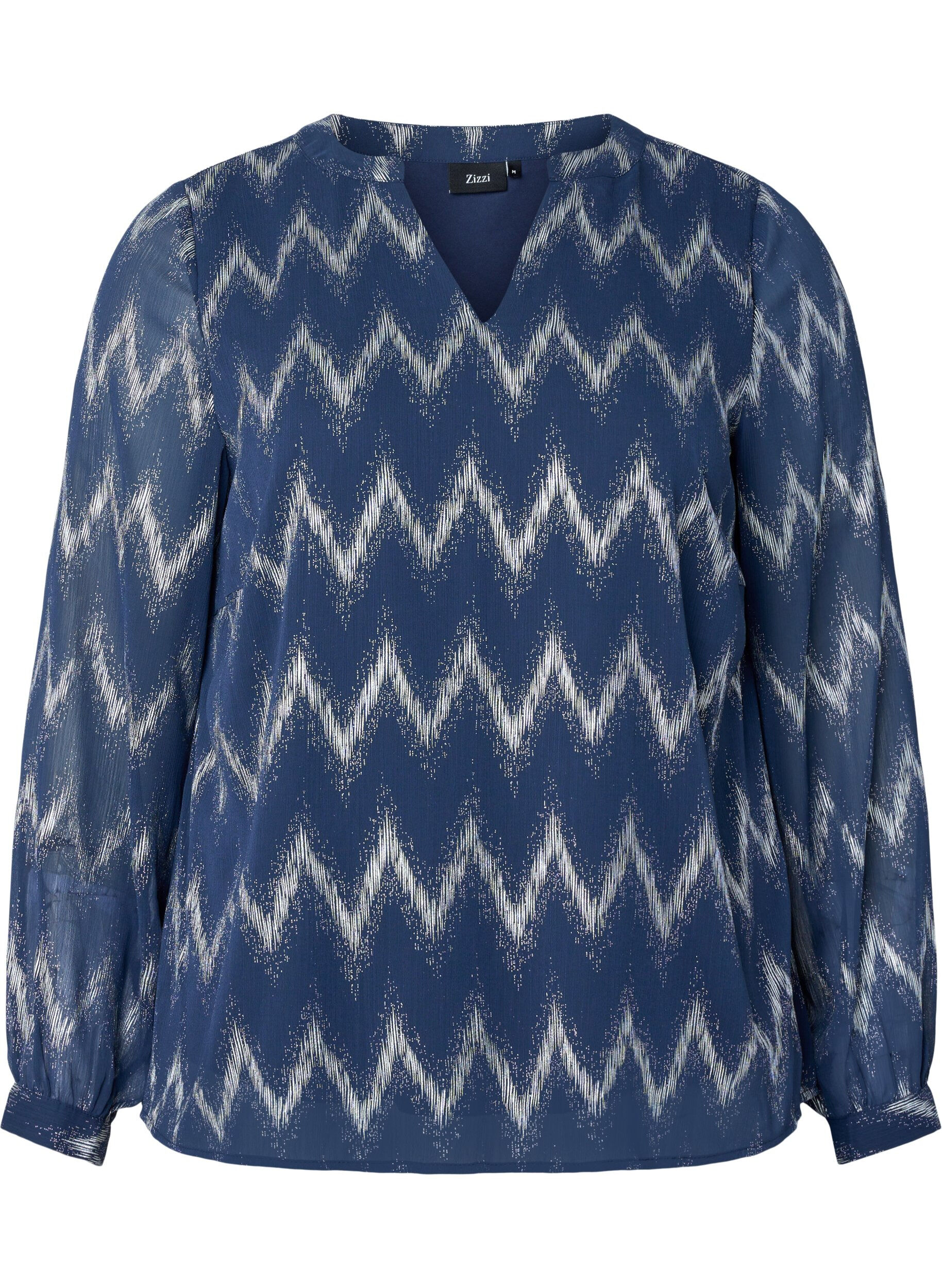 Zizzifashion Printed blouse with v-neckline, Blue, Packshot image number 0