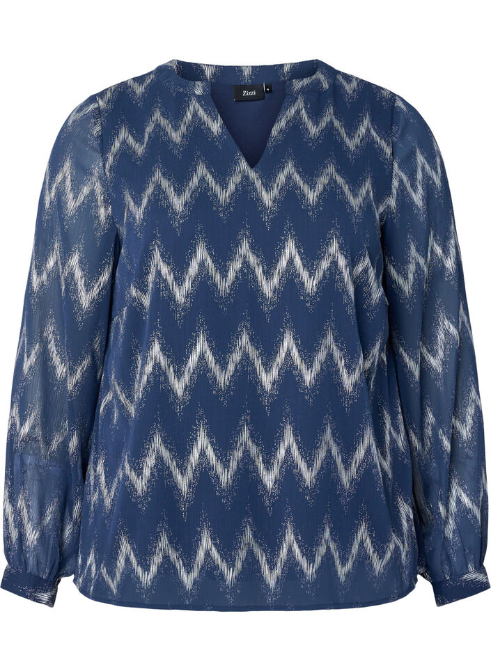 Printed blouse with v-neckline, Blue, Packshot image number 0