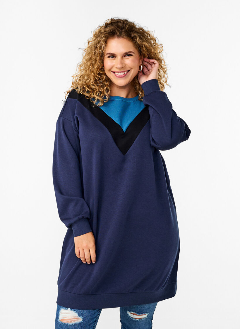 Long sweatshirt with colourblock, Navy B. Color Block, Model image number 0