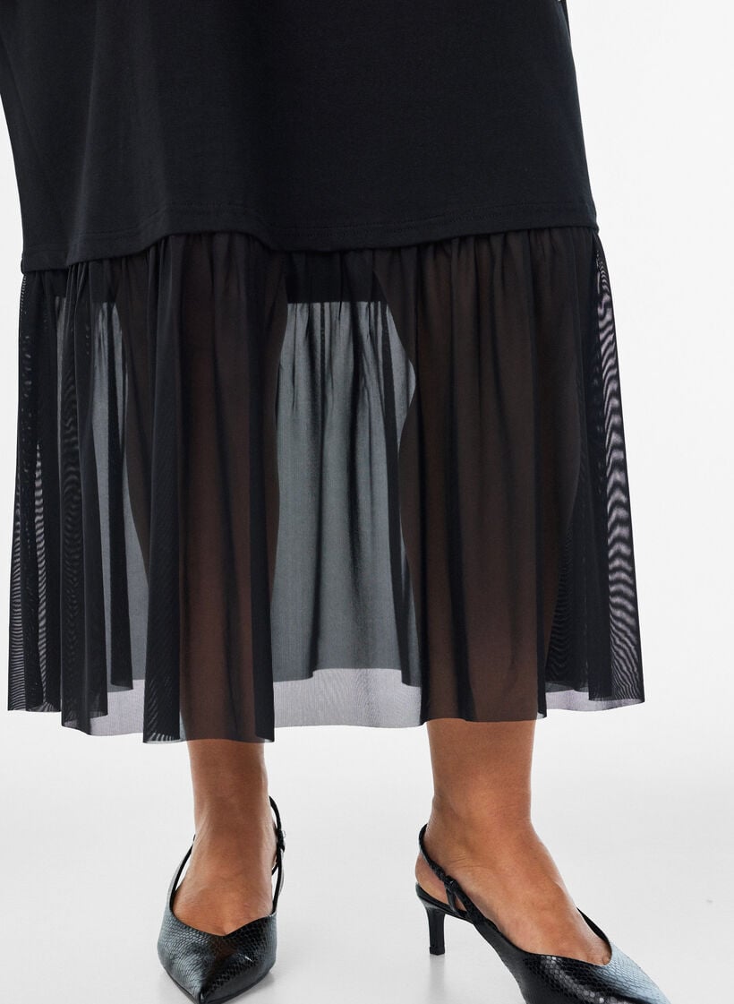 T-shirt dress with a sheer mesh hem, Black, Model image number 2