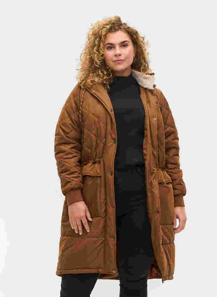 Quilted jacket with hood and adjustable waist, Toffee, Model