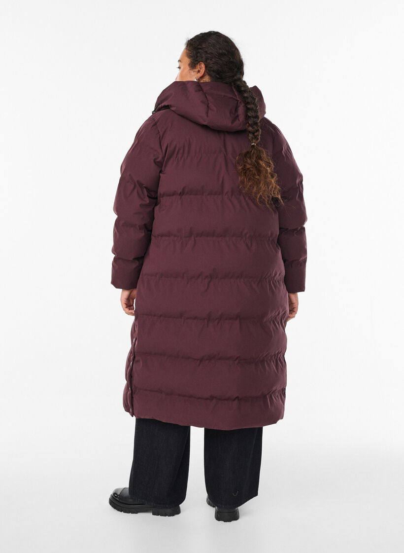 Long puffer winter coat with hood, Dark Bordeaux, Model image number 1