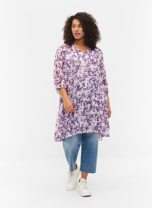 Tunic with floral print and lurex, Beige/Purple Flower, Model image number 2