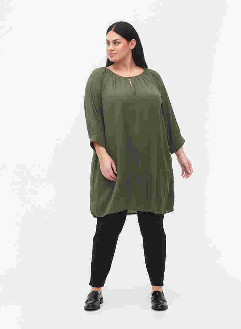 Viscose tunic with 3/4 sleeves, Thyme, Model image number 2