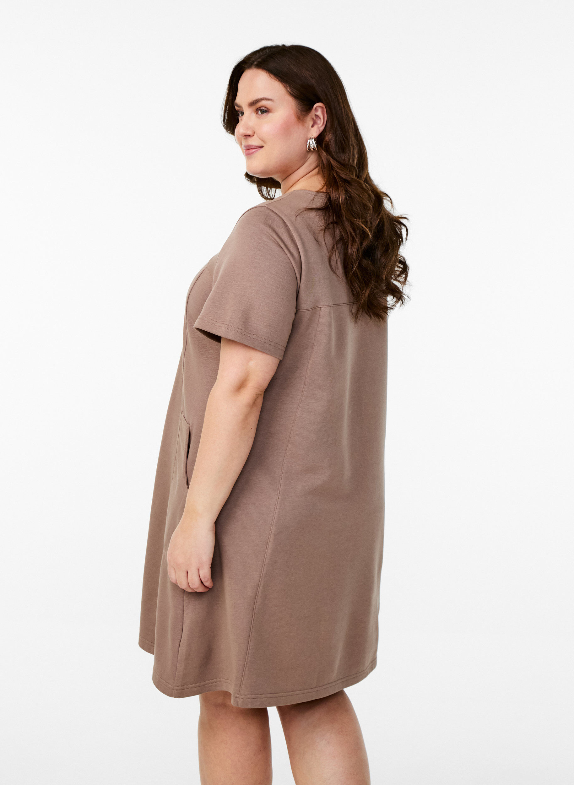 Zizzifashion Jersey dress with short sleeves and pockets, Brown, Model image number 2