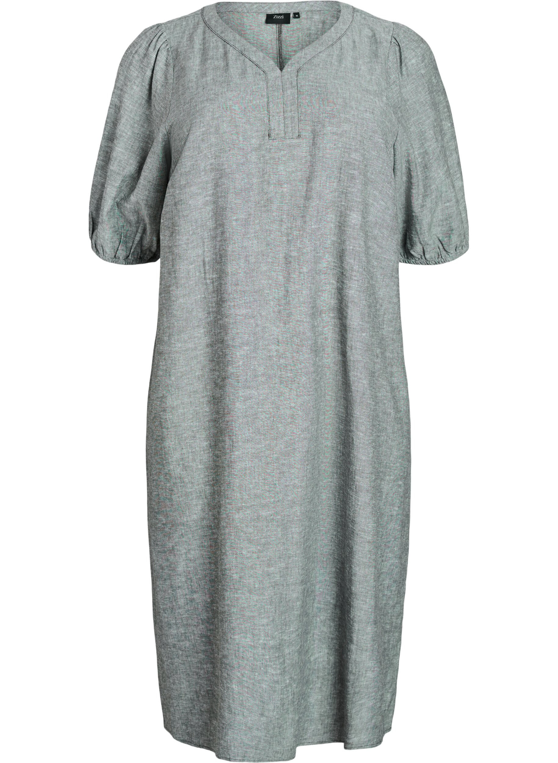 Zizzifashion Midi dress in linen and viscose with short sleeves, Green, Packshot image number 0