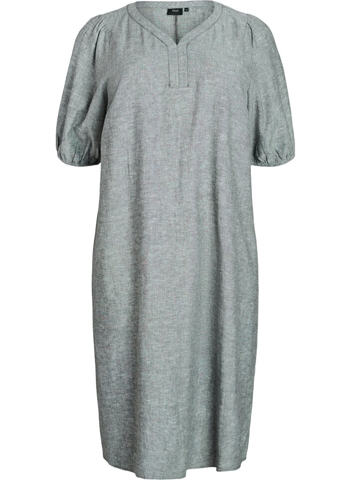 Midi dress in linen and viscose with short sleeves, Green, Packshot image number 0
