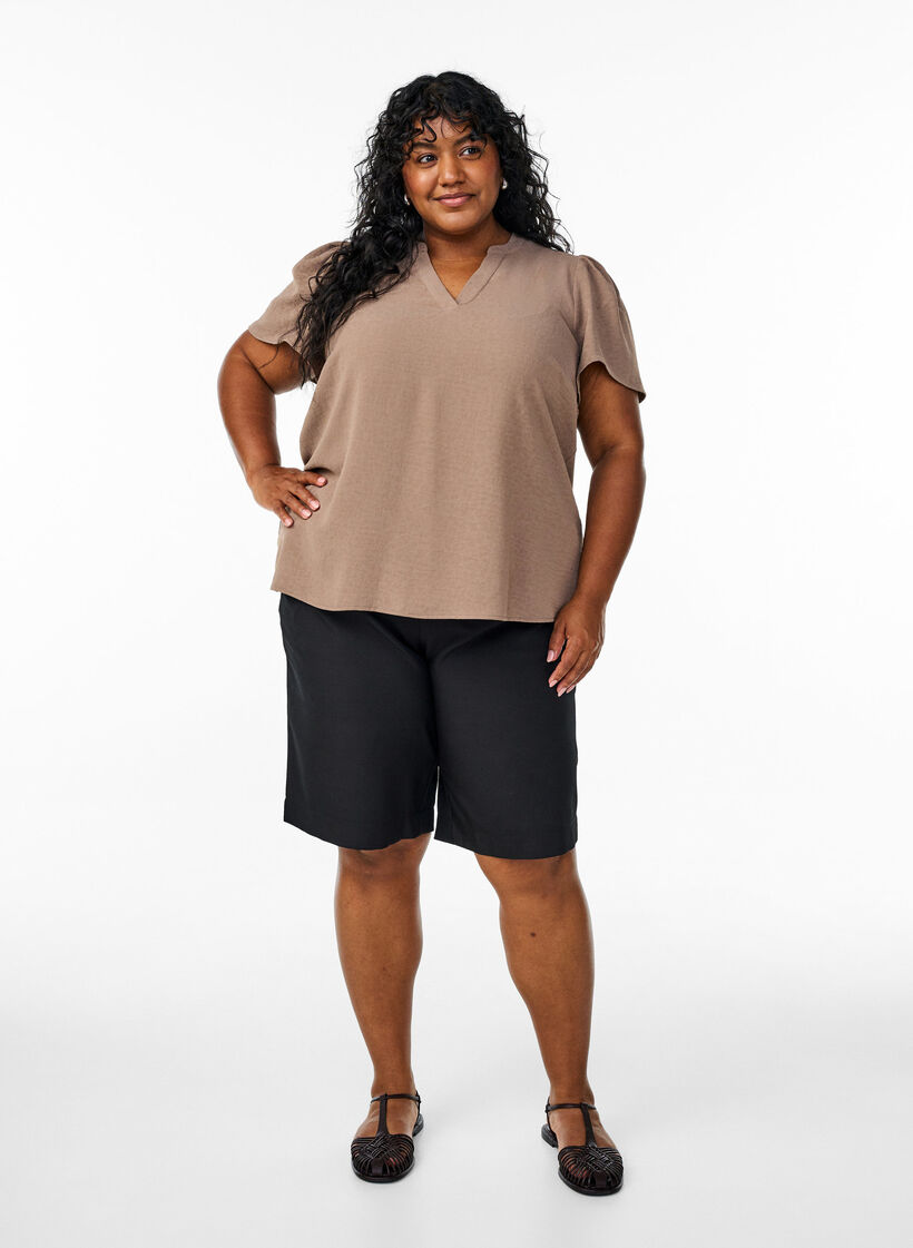 Blouse with short ruffle sleeves and V-neck, Brown, Model image number 1