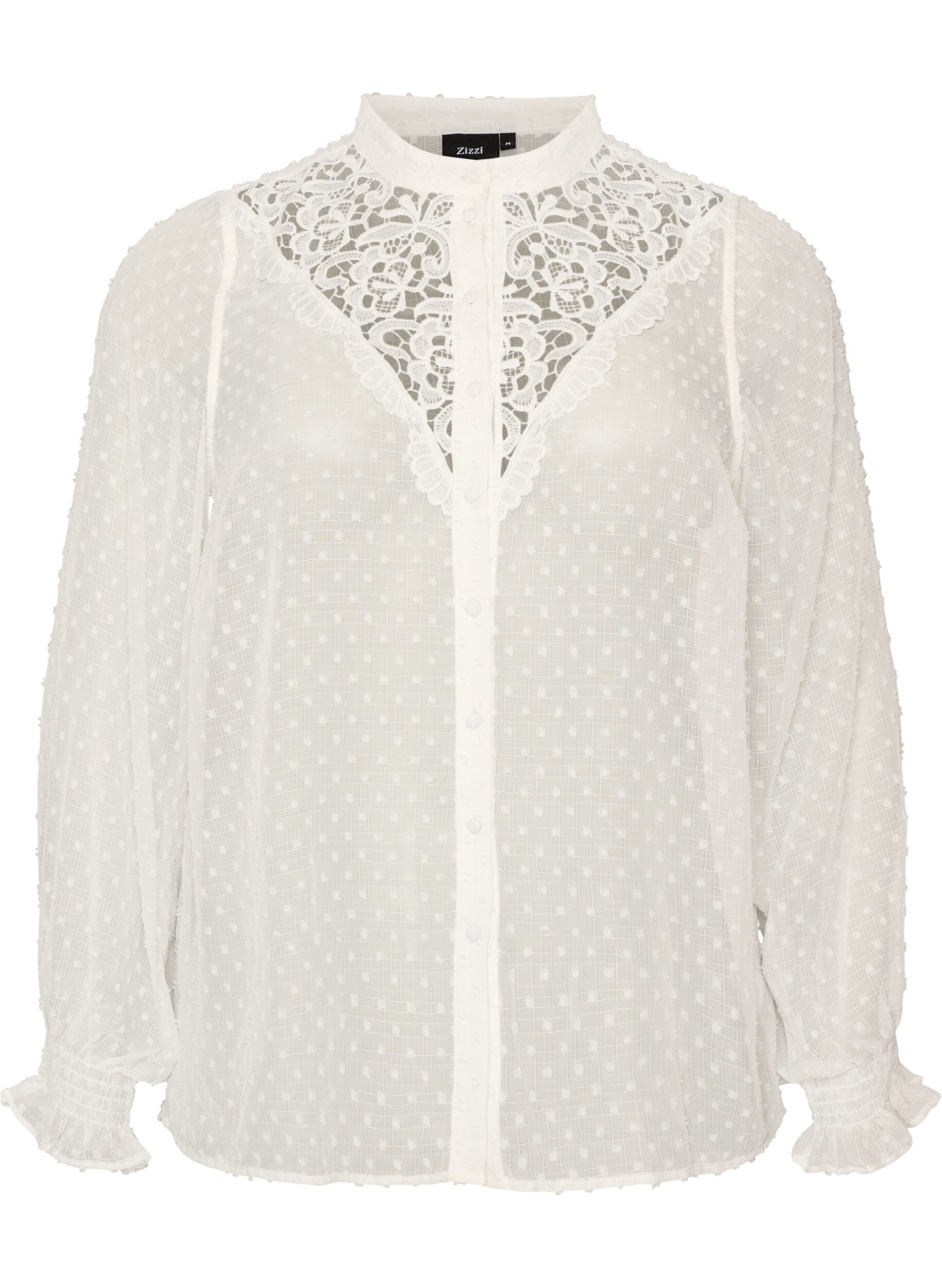 Shirt blouse with lace insert and dot pattern