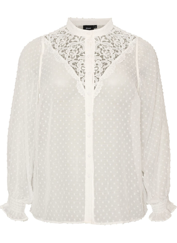 Shirt blouse with lace insert and dot pattern, Vanilla, Packshot image number 0
