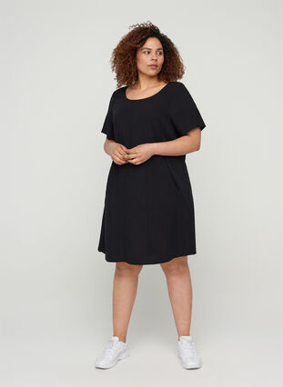 Short-sleeved viscose dress with pockets, Black, Model image number 2