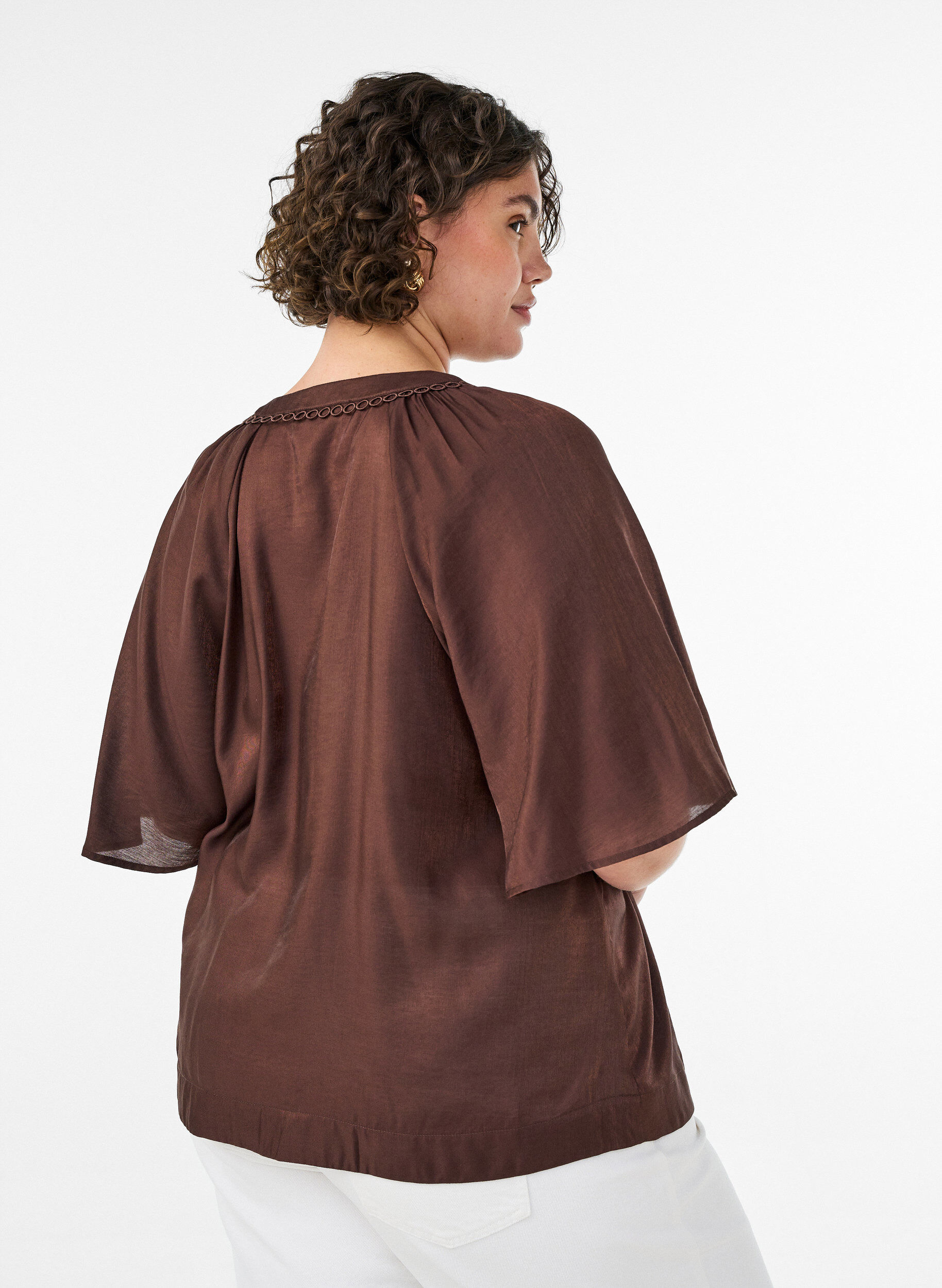 ZizzifashionViscose blouse with V-neck and decorative details, Brown, Model image number 2