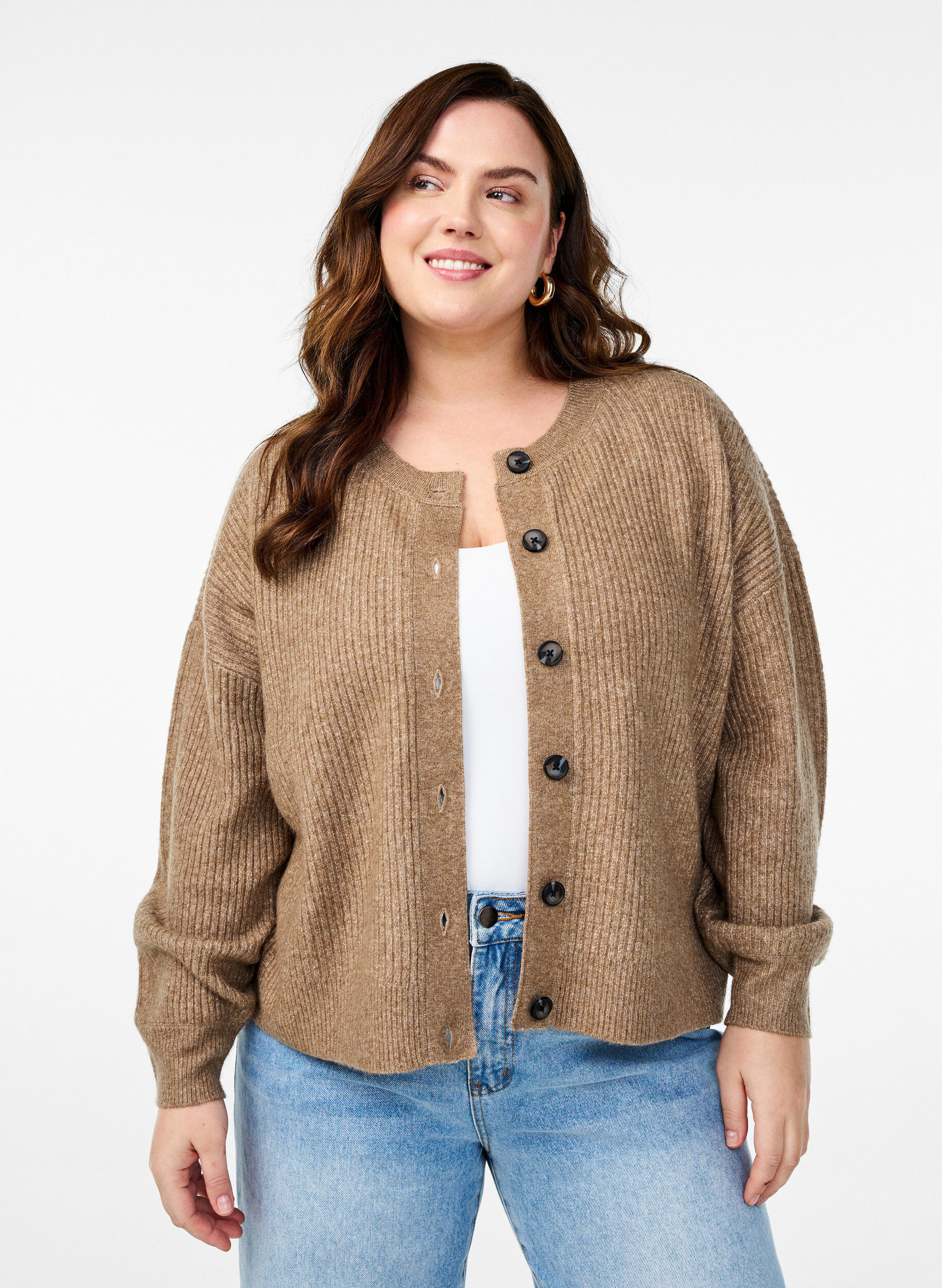 Zizzifashion Rib knit cardigan with buttons, Brown, Model image number 0