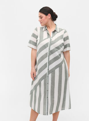 Short-sleeved cotton shirt dress with stripes, Thyme Stripe, Model image number 0