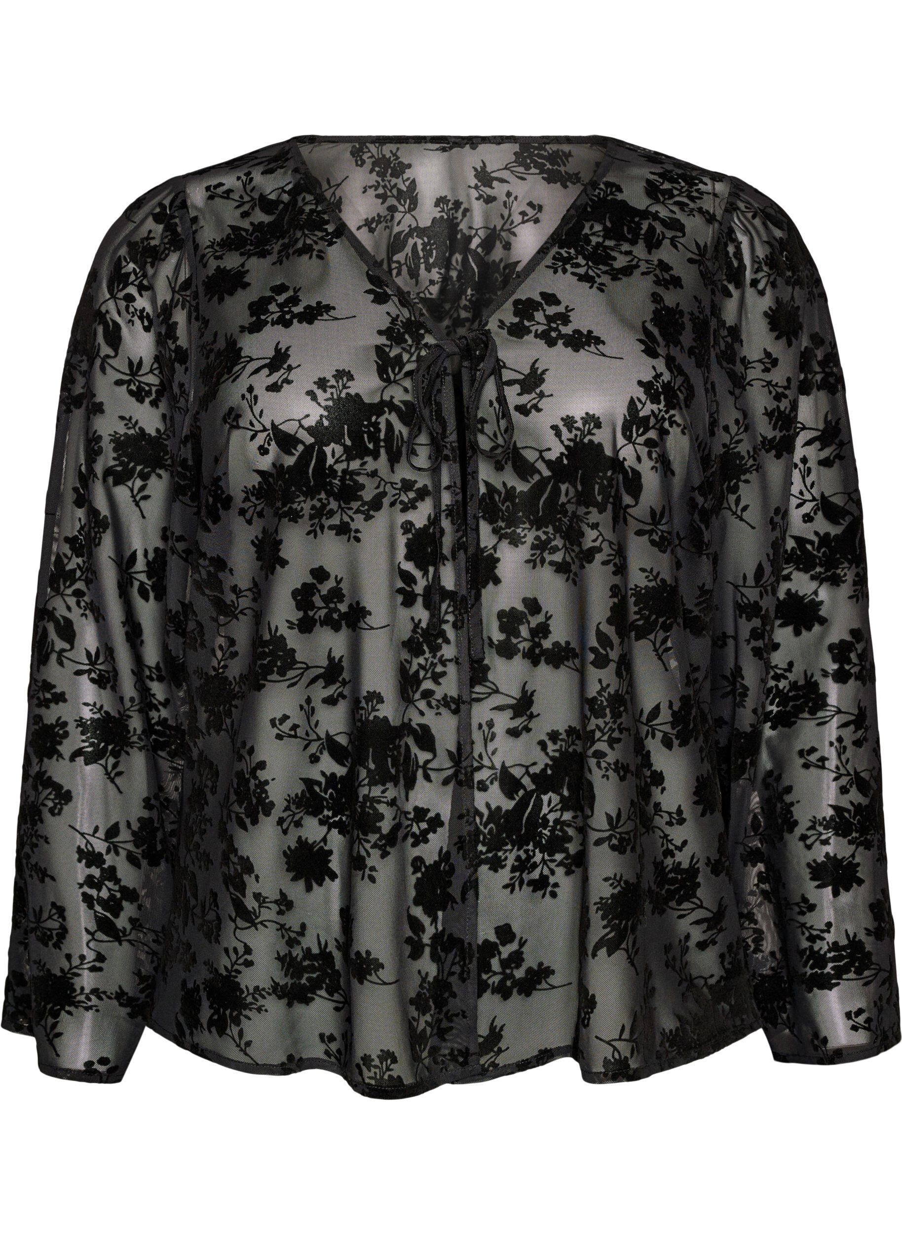 ZizzifashionMesh blouse with floral pattern and open front, Black, Packshot image number 0