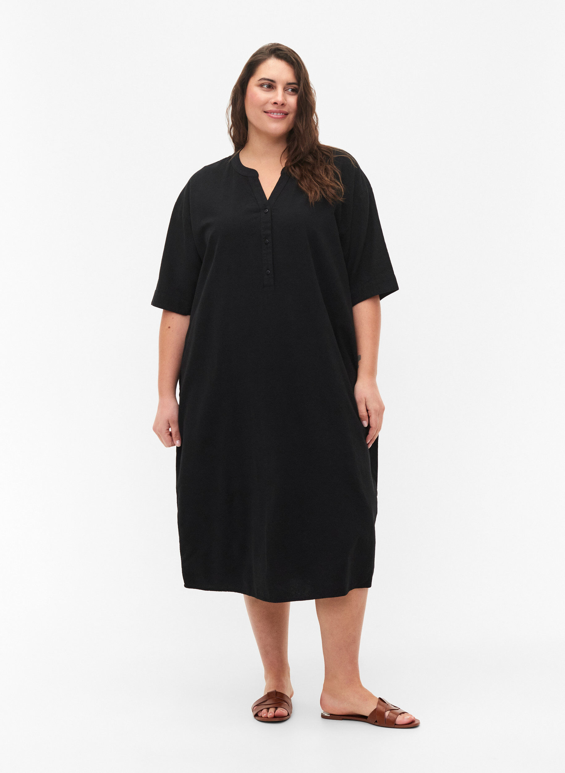 Zizzifashion FLASH - Short sleeved midi dress in cotton, Black, Model image number 0