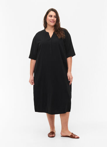 FLASH - Short sleeved midi dress in cotton, Black, Model image number 0