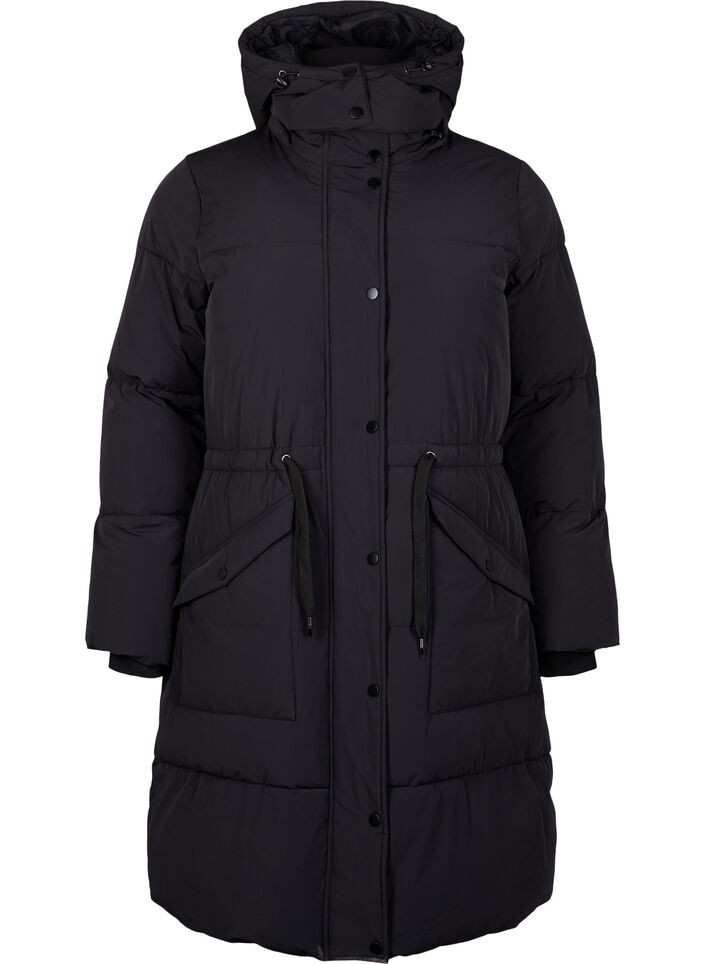 Puffer coat with adjustable waist, Black, Packshot image number 0