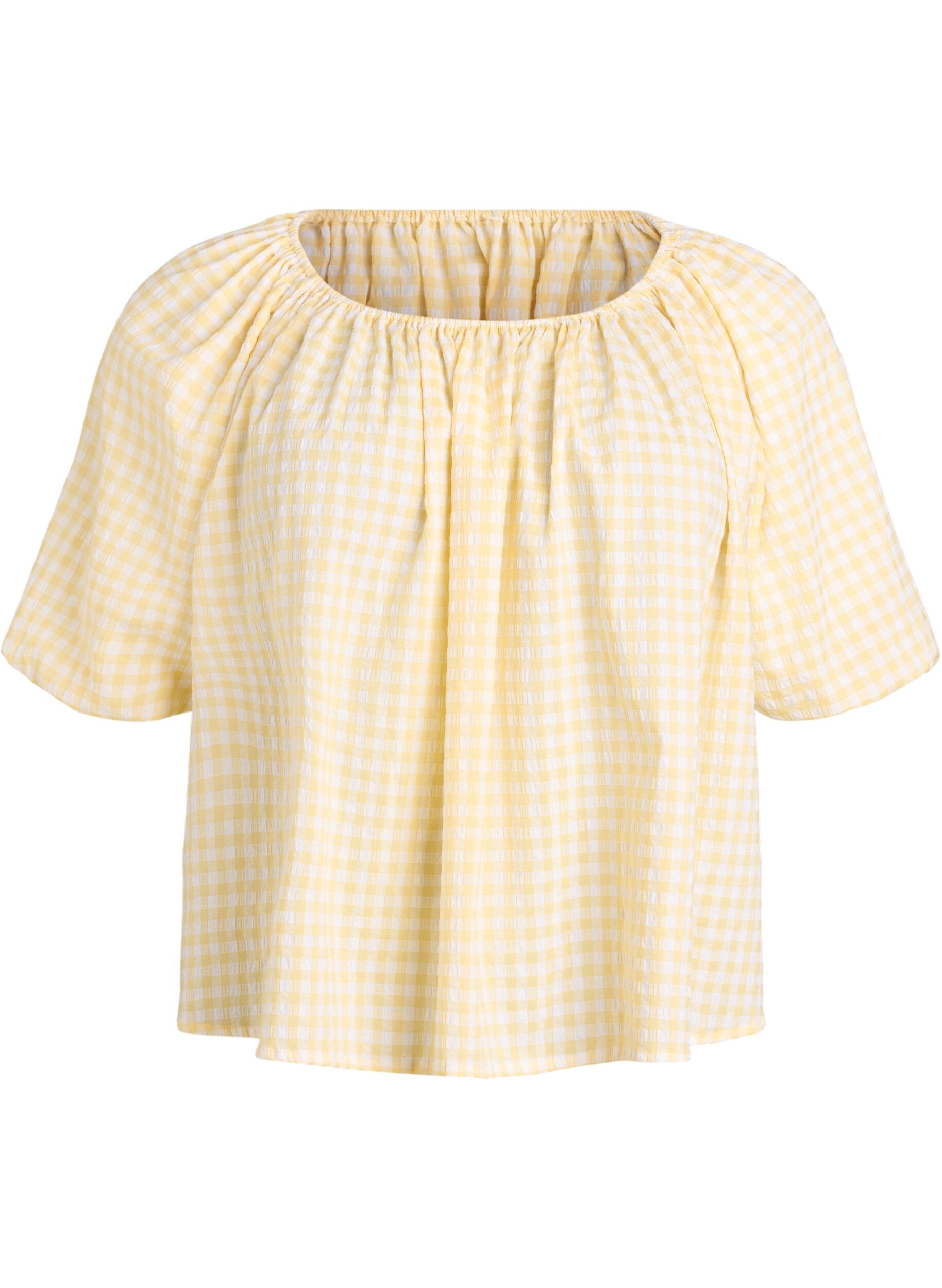 ZizzifashionSmall check blouse with an elasticated neckline and elbow-length sleeves, Yellow, Packshot image number 0