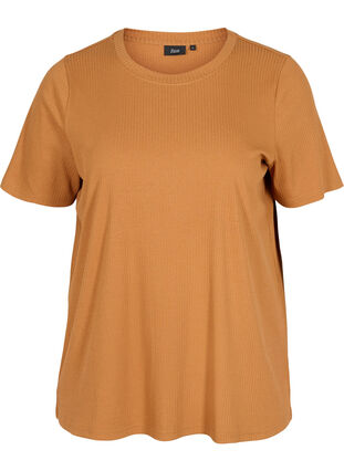 Short-sleeved t-shirt in ribbed fabric, Pecan Brown, Packshot image number 0