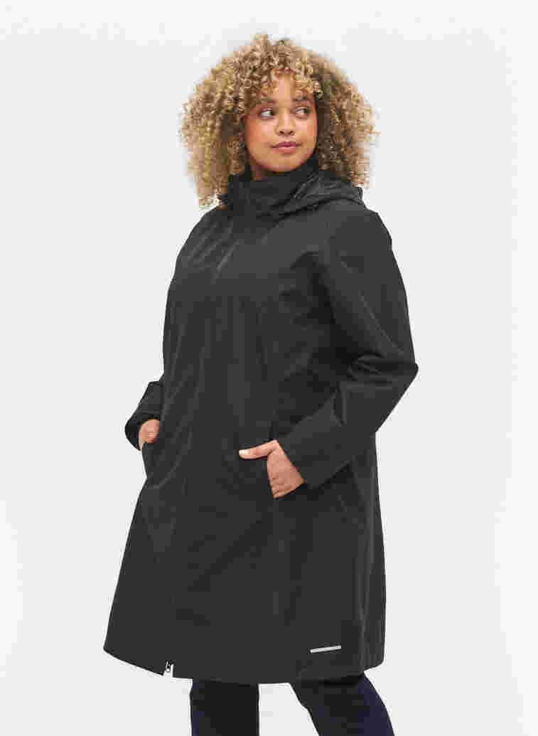 Rain jacket with detachable hood and reflectors, Black, Model image number 0