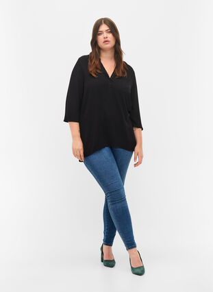 3/4 sleeve v-neck viscose blouse, Black, Model image number 2