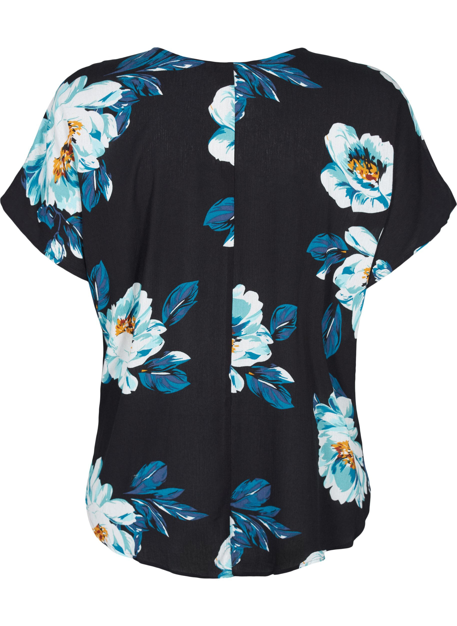 Zizzifashion Short-sleeved viscose blouse with a floral print, Black Big Flower, Packshot image number 1