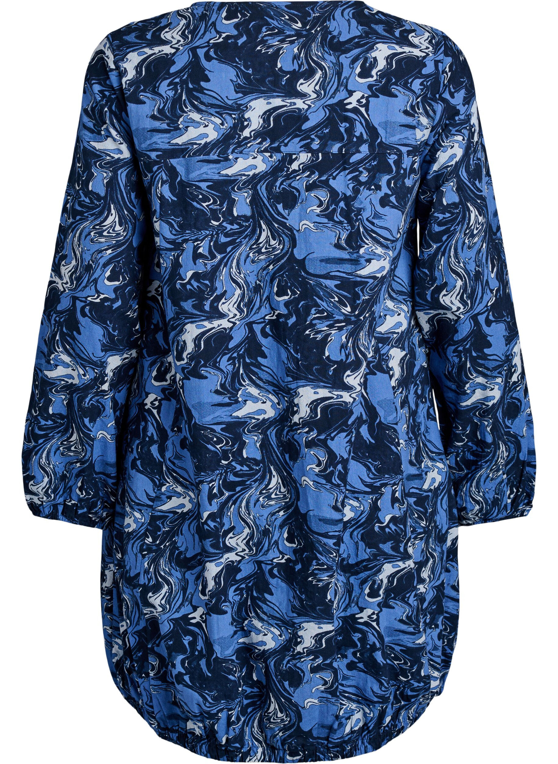 Zizzifashion Short cotton dress with an elasticated hem and long sleeves, Blue, Packshot image number 1