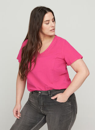 Short-sleeved cotton blouse with a v-neck, Fuchsia Purple, Model image number 0