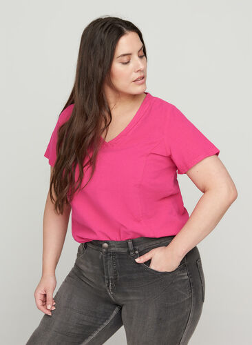 Short-sleeved cotton blouse with a v-neck, Fuchsia Purple, Model image number 0