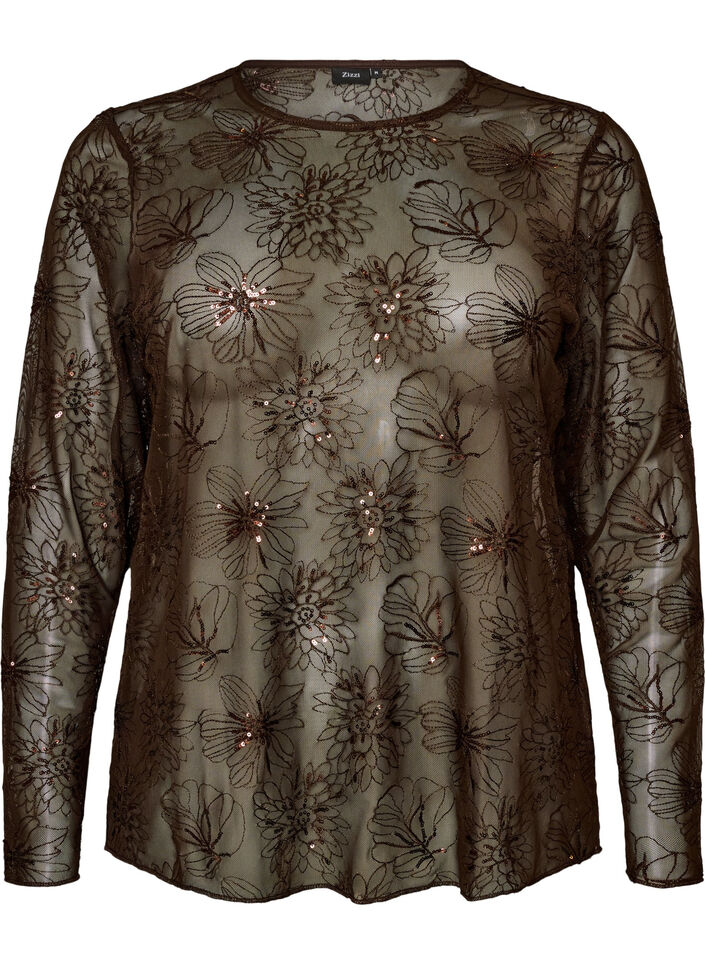 Mesh blouse with flowers and sequins, Brown, Packshot image number 0